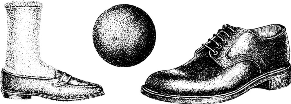 Black and white stipple spats button and leather shoe illustration set for vintage fashion catalog and poster design