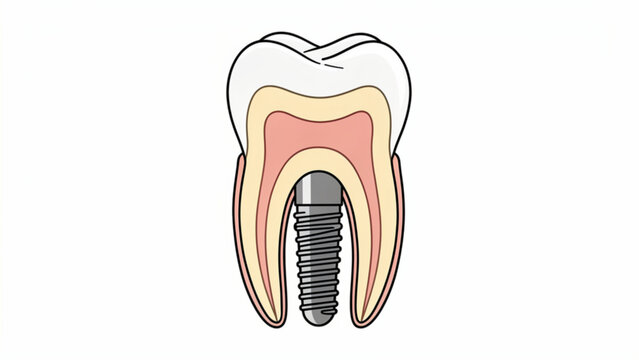 Detailed cross-section of a tooth with dental implant showing roots ceramic filling and surrounding bone structure