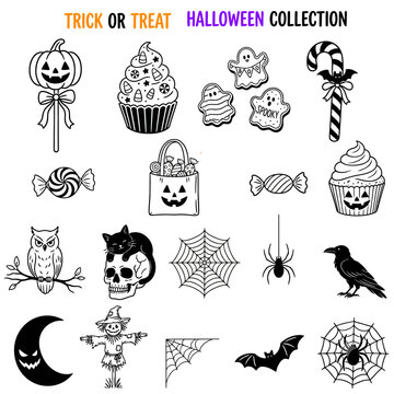 Halloween trick or treat vector illustrations set. Spooky cartoon icons for party invitations, decorations, and social media posts.