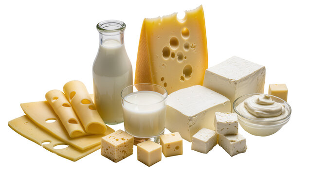 Isolated fresh dairy products assortment with milk bottle, cheeses, and creamy spread