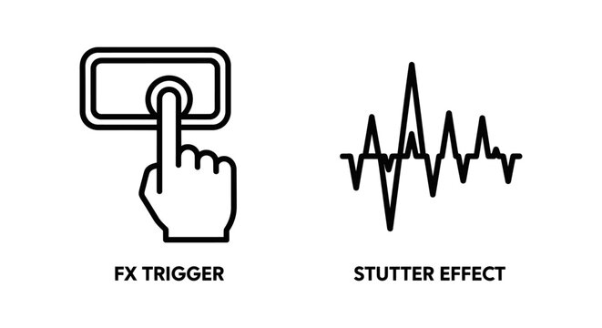 Minimal vector line icon set featuring fx trigger button and audio stutter waveform effect for digital music production waveform production interface electronic recording frequency
