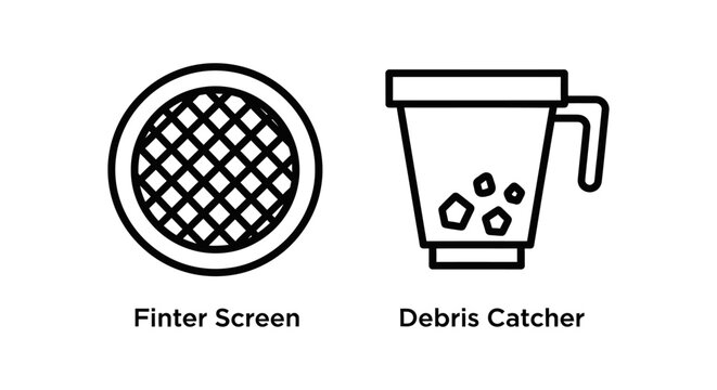 Minimal vector line icon set featuring filter screen and debris catcher tools for industrial filtration systems industrial filtration cleaning maintenance equipment hardware drainage