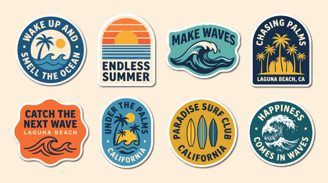 Retro summer surfing travel adventure vacation badges and stickers with ocean palms and waves designs