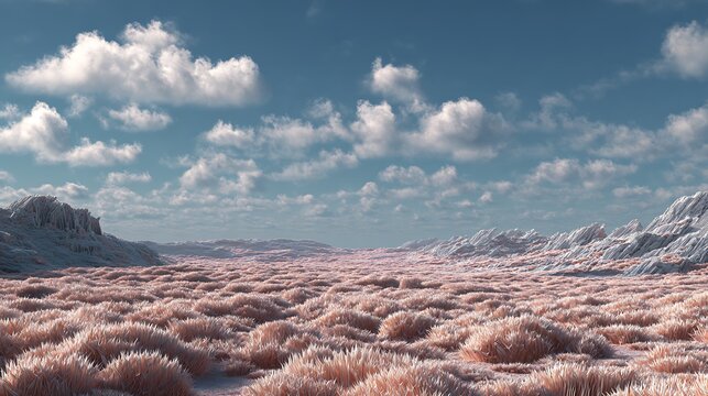Surreal alien landscape featuring pink grass plains beneath a bright blue cloud filled sky with formations under bright jagged rock formations