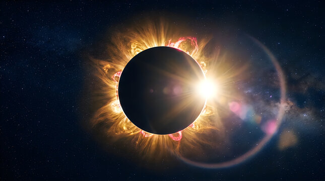 Solar eclipse with bright corona and colorful light in space