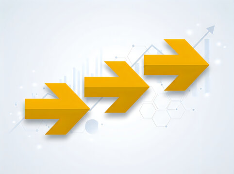 Yellow 3d arrows pointing in different directions on flat surface