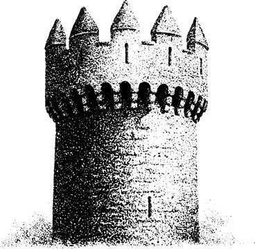Round castle turret with crenellated crown and arrow slits stippled in black and white for background design