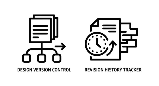 Design version control and revision history tracker icons with revision document management workflow software interface archiving tracking backtracking organization development
