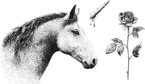 Stippled black and white profile of a unicorn with dripping broken horn and a bleeding rose for gothic poster and decorative print design
