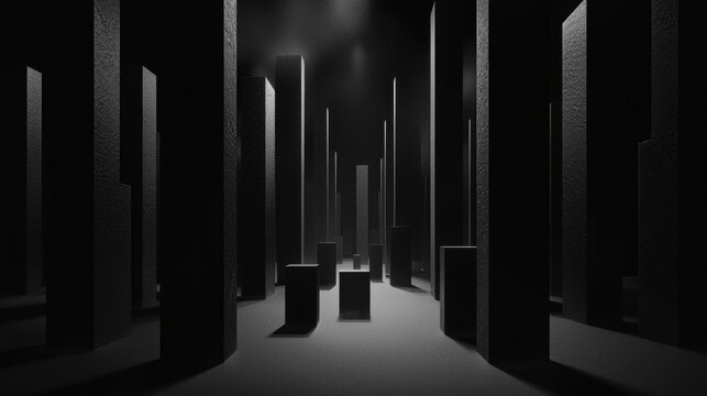 A black and white image of a room with tall, thin columns and a single cube in the center.