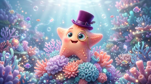 Charming starfish character in a purple top hat, a whimsical underwater scene with vibrant coral reefs, cute marine life illustration for children's designs, playful ocean fantasy.
