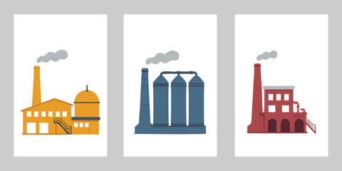 Industrial Factory Icons Set – Manufacturing Plant, Cement Factory and Grain Silos Flat Vector Collection, © Rujon