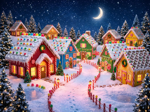Colorful pixel art village with snow and glowing houses at night