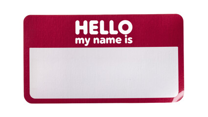 Isolated red "HELLO my name is" sticker, blank name tag for introduction or event © Lucas