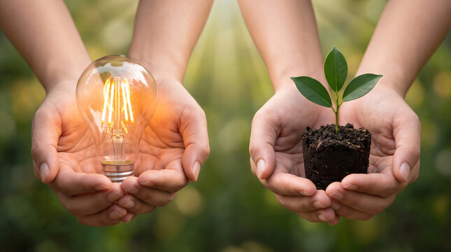 Hands holding glowing light bulb and green plant sprout. Green energy, renewable resource, and sustainability concept