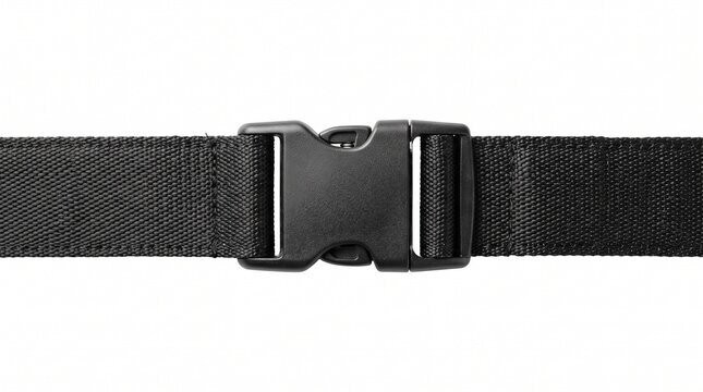 Black plastic side release buckle on nylon webbing strap, durable tactical belt fastener, industrial luggage strap hardware on white background