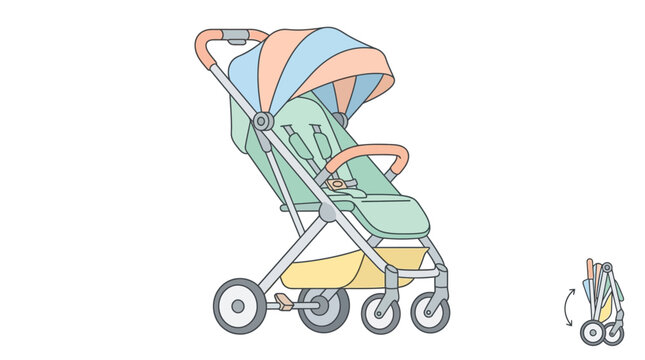 Colorful baby stroller illustration for infant transportation and baby gear equipment on a white background