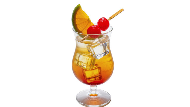 Isolated refreshing tropical cocktail with ice cubes, lime wedge, and two red cherries in a tall glass
