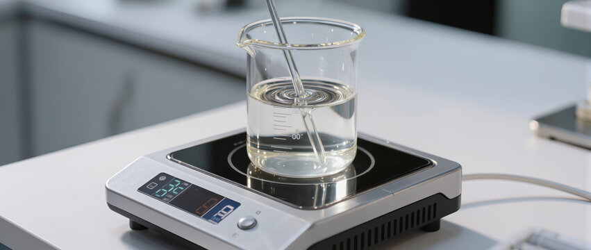 Laboratory beaker with clear liquid hotplate magnetic stirrer pharmaceutical research glassware