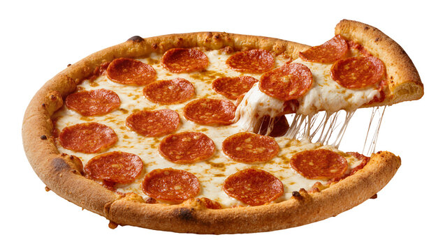 Isolated delicious pepperoni pizza with a slice being lifted and mouthwatering melted cheese pull
