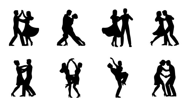 Couples Silhouette Icon Set of Eight Dancing Figures in Elegant Poses for Romantic Event Invitations