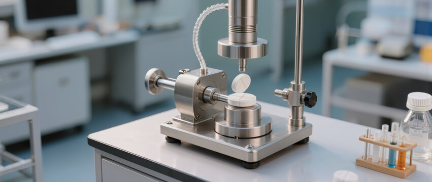 Pharmaceutical tablet compression machine laboratory producing round pill with clean metal press