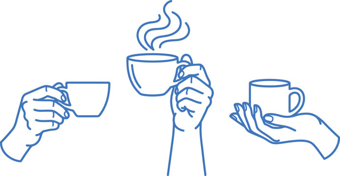 Minimalist blue line art of hands holding coffee cups, simple vector illustration of steaming tea mugs, modern cafe and breakfast concept graphics