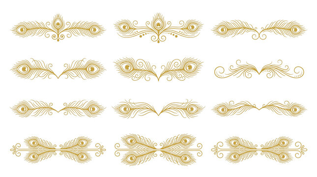 Golden peacock feather dividers, set of 12 elegant ornamental borders, luxury gold filigree flourishes for wedding invitations and stationery isolated PNG with Transparent Background