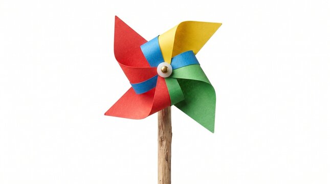 Colorful paper pinwheel toy on wooden stick, vibrant rainbow wind spinner isolated on white background, classic childhood whirligig for outdoor play