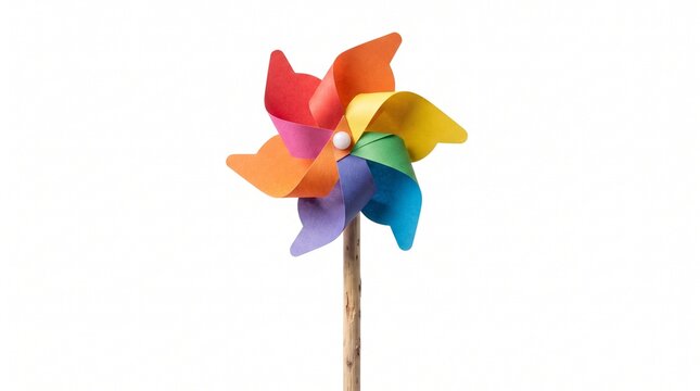 Colorful rainbow pinwheel on wooden stick, vibrant plastic wind spinner toy, multi-colored paper windmill isolated on white background