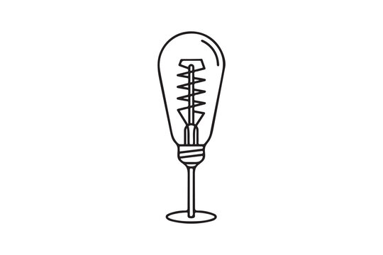 This image features a clean, black-and-white outline vector icon of a vintage Edison-style light bulb, complete with a visible, complex internal filament structure and a threaded base, as referenced i
