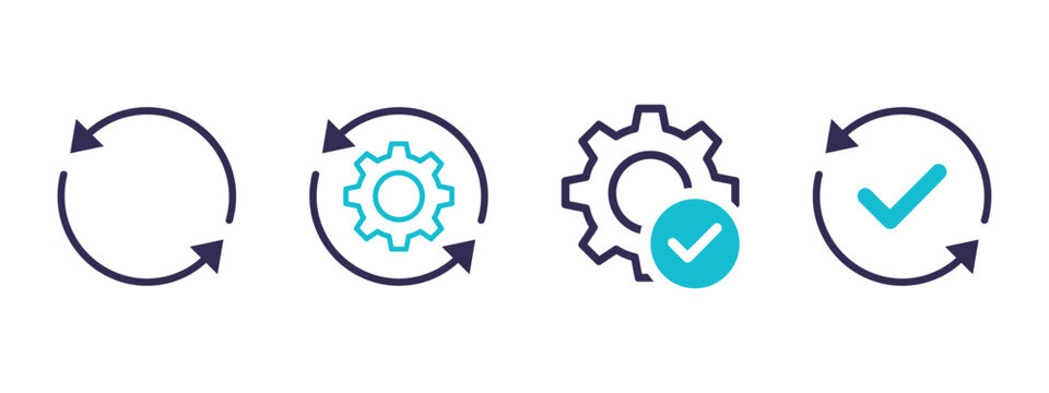 Circular arrow icons with gears and checkmarks flat vector illustration on transparent arrows