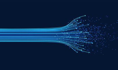 Blue data lines flow across a dark technology background and scatter into particles. Useful for speed, network, transfer, and digital concepts. © natrot