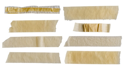 Isolated collection of beige adhesive tape strips with crumpled texture and torn edges