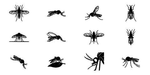 Fototapeta premium Mosquitoes Ink Sketch Icons, Black-and-White Insect Silhouettes with Varied Poses and Wing Details Featuring Bug, Vector, Icon