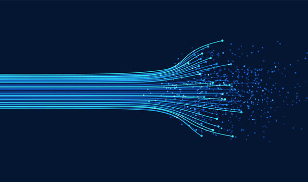 Blue data lines flow across a dark technology background and scatter into particles. Useful for speed, network, transfer, and digital concepts.