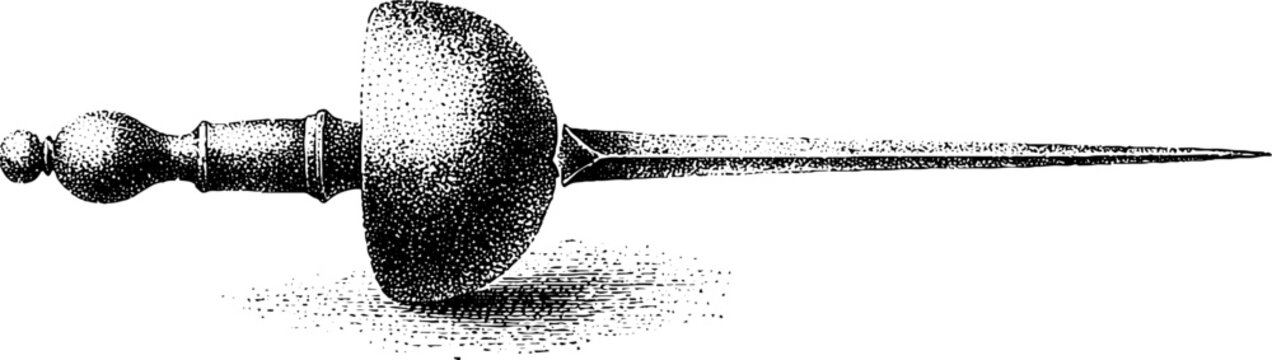 Antique epee with triangular blade and bell guard rendered in black and white stippling for historical poster and prop design
