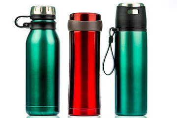 Obraz premium Reusable stainless steel insulated thermos bottles for coffee, tea, water. Modern travel drink containers with vacuum insulation and zero waste lifestyle. Sustainable hydration and eco friendly living