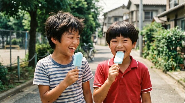 昭和の日本人小学生：夏の住宅街で、水色のアイスキャンデーを嬉しそうに食べる日本人小学生男子たちの仲良しクローズアップポートレート