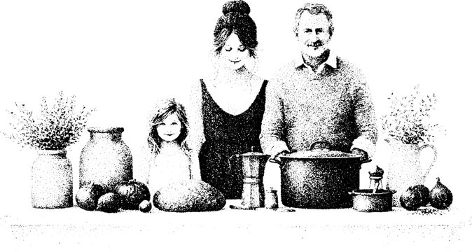 Family kitchen gathering black and white stippling portrait of parents and child with cookware for banner background and domestic lifestyle design