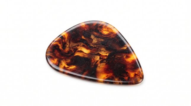 Tortoiseshell guitar pick on white background, classic celluloid plectrum for acoustic guitar, brown marbled musical accessory for string instruments