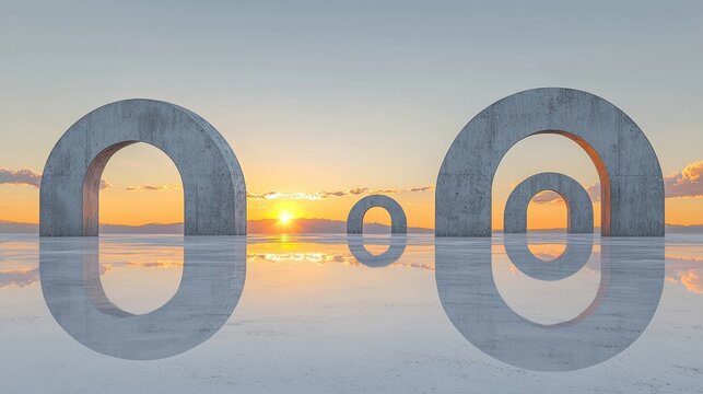 A surreal sunset scene with three large concrete structures and a smaller one in the middle.