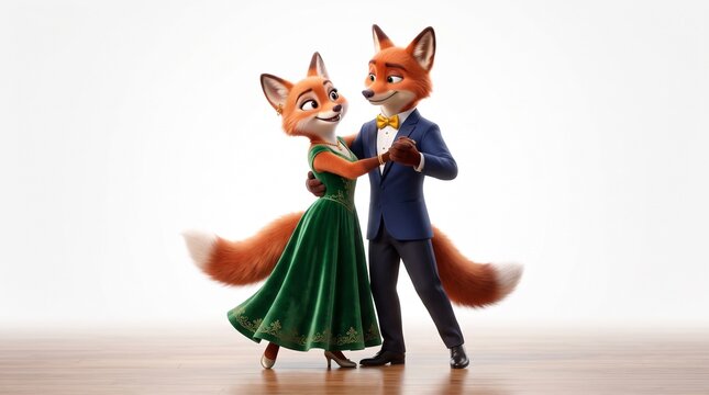 Charming animated fox couple dancing, elegant anthropomorphic animal characters in formal attire, a romantic and whimsical digital illustration for storytelling and children's media.