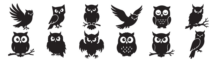 Fototapeta premium Owl Character Icon Pack – Nocturnal Bird and Woodland Animal Collection, EPS 10