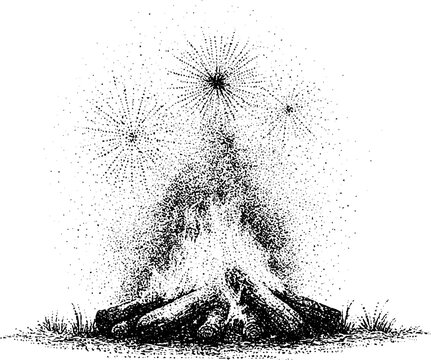 Bonfire with sparks and fireworks over burning logs for guy fawkes night background and celebration banner
