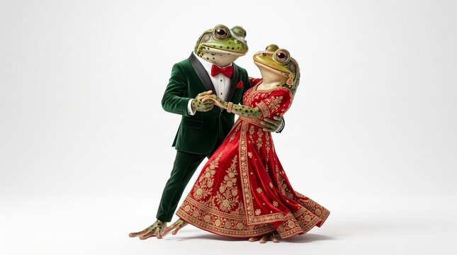 Elegant frog couple dancing, a whimsical animal duo in formal attire, sophisticated amphibian characters in a romantic ballroom pose, charming fairytale creatures for creative projects.