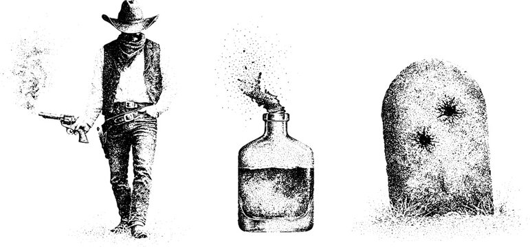 Lone gunslinger with smoking revolver, whiskey bottle and grave tombstone background for western poster and banner design