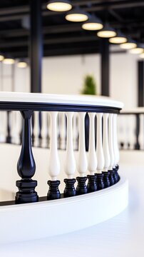 Modern white and black metal railing. Curved staircase balustrade in a contemporary interior.