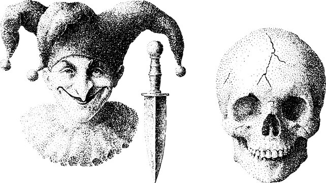Vintage stipple jester with crooked smile dagger and skull illustration set for horror poster and tattoo design in black and white engraving
