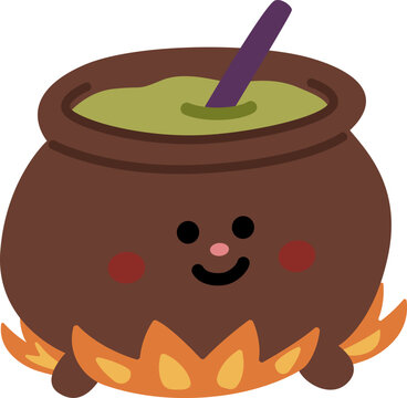 Cute Kawaii Halloween Cauldron with Green Potion and Spoon
